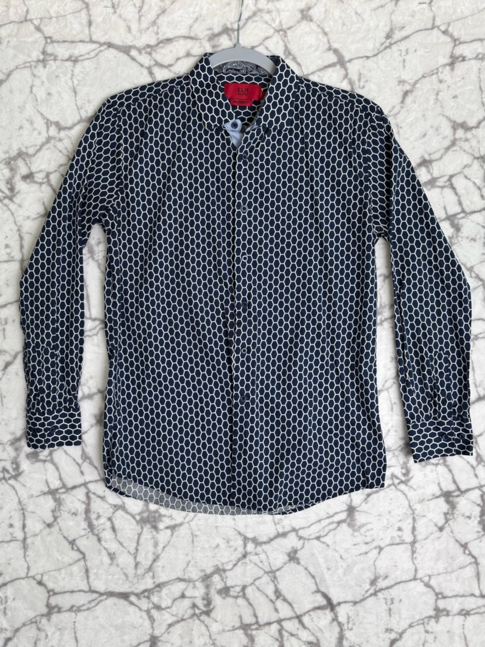 Elle Balleh Modern Fit Button-Up Shirt Boy’s 18 Navy Blue Beehive Pattern Italy